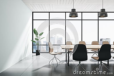 Bright concrete and wooden meeting room office interior with panoramic windows, city view, lamps and furniture. Stock Photo