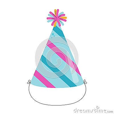 Bright cone hat with stripes. Colorful accessory for Birthday party. Vector Illustration