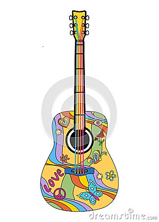 Bright cool cartoon color guitar with patterns Vector Illustration