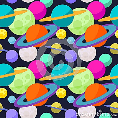 Bright cosmic seamless pattern background with funny cartoon planets in open space Vector Illustration