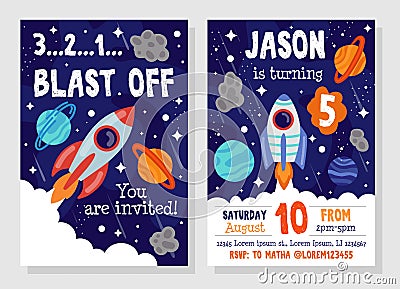 Bright cosmic space party invitation template Vector Illustration
