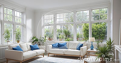 bright cozy living room tips and ideas with white color, big windows, a high ceiling, and a wooden floor. Generative AI. Stock Photo