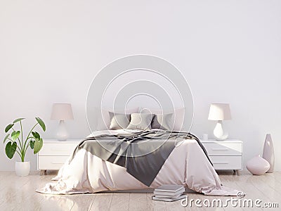 Bright and cozy modern bedroom interior design, light walls, gray blanket,soft pillows, white furniture. 3D render Stock Photo