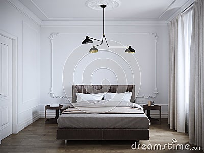 Bright and cozy modern bedroom interior design with white walls, plaster moldings on the walls, and large window Stock Photo