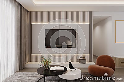 Bright and cozy modern living place, large window, and broad window sill for reading with soft Armchairs and Coffee table, TV Stock Photo