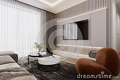 Bright and cozy modern living place, large window, and broad window sill for reading with soft modular sofa and Coffee table, Stock Photo