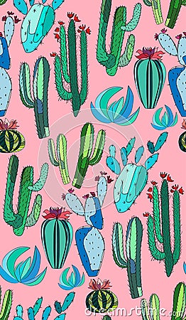 Bright cute beautiful abstract lovely mexican tropical floral herbal summer green cactus paint like child on pink background vecto Cartoon Illustration