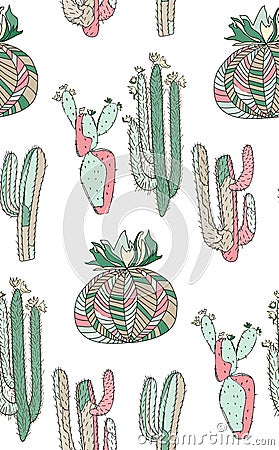 Bright cute beautiful abstract lovely mexican tropical floral herbal summer green pastel set of a cactus paint like child i Vector Illustration