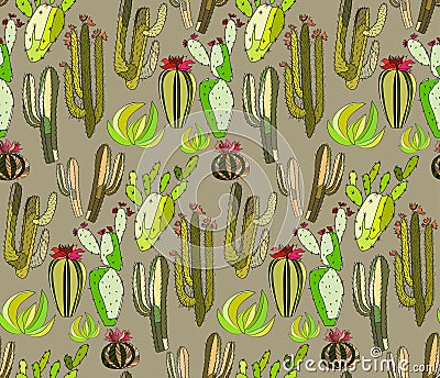 Bright cute beautiful abstract lovely mexican tropical floral herbal summer green set of a cactus paint like child pattern on beig Vector Illustration