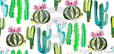 Bright cute beautiful abstract lovely mexican tropical floral herbal summer green set of a cactus paint like child vector illustra Vector Illustration