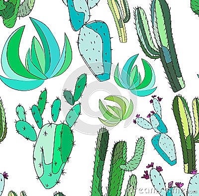 Bright cute beautiful abstract lovely mexican tropical floral herbal summer green set of a cactus paint like child vector Vector Illustration