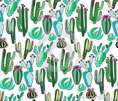 Bright cute beautiful abstract lovely mexican tropical floral herbal summer green set of a cactus paint like child vector Vector Illustration