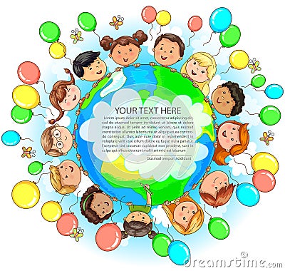 Cute kids different nationalities hold Earth balloons around and Vector Illustration