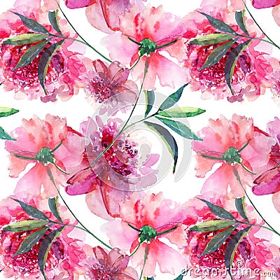 Bright cute tender lovely beautiful wonderful spring floral herbal pink peony with green leaves and buds watercolor hand illustrat Cartoon Illustration