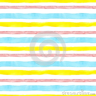 Bright cute watercolor seamless pattern with pink, yellow and blue horizontal strips and lines on white background. Cartoon Illustration