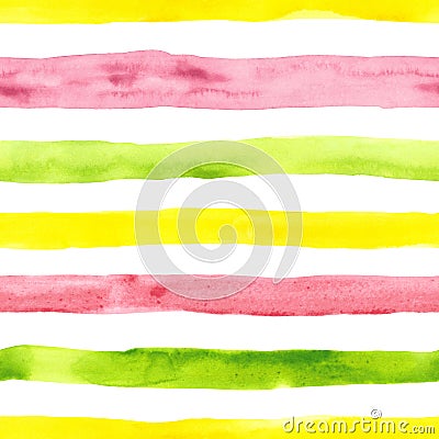 Bright cute watercolor seamless pattern with pink, yellow and green horizontal strips and lines on white background. Striped Stock Photo