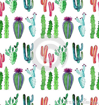 Bright cute wonderful mexican tropical floral summer green pattern of a colorful cactus with flowers vertical pattern like child p Stock Photo