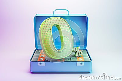 Bright 3D design of an open suitcase with a green 0 symbol and stacks of cash, on a gradient light background. 3D Rendering Stock Photo