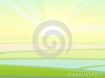 Bright dawn. Agriculture fields on flat terrain. Rural landscape. Horizontal village nature illustration. Cute country Vector Illustration