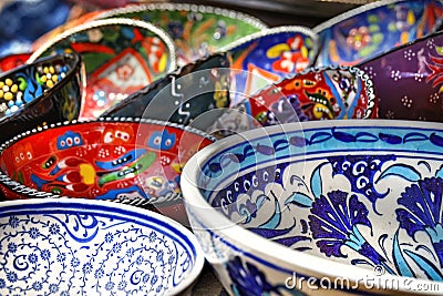 Bright decorative painted ceramic plates Editorial Stock Photo
