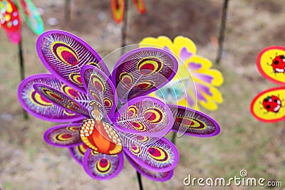 Bright different whirligig toys for children outdoor Stock Photo