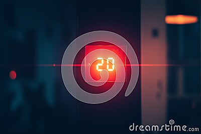 Bright digital countdown timer displaying twenty seconds in a dimly lit space Stock Photo