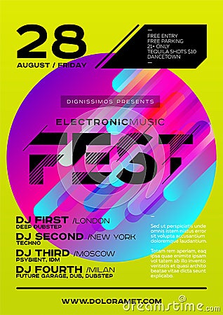 Bright DJ Poster for Summer Festival. Minimal Electronic Music C Vector Illustration