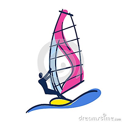 Bright Doodle Illustration of Windsurfer on Windsurfing board with Sail and Big Wave Vector Illustration