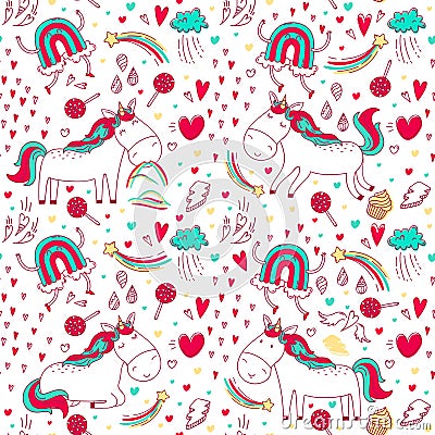 Bright doodle pattern with kawaii unicorn, rainbow, hearts and other elements. Vector Illustration