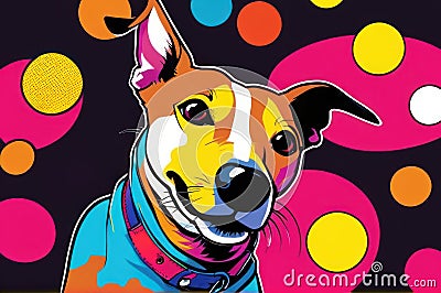 Bright drawing of dog, whippet, on T-shirt on dark background. Satirical, pop art style, vibrant colors, iconic Stock Photo