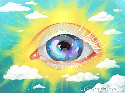 Bright drawing poster plat with a third eye, shining in the sky like the sun, surrounded by clouds. Symbol of spiritual awakening Stock Photo