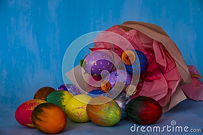 A bright Easter composition consisting of hand-painted eggs Stock Photo