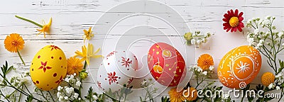 Bright easter eggs and flowers on wooden background. Horizontal holiday banner Stock Photo