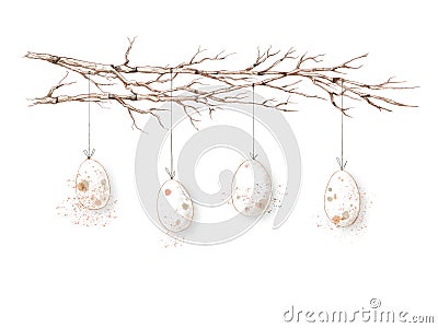 Bright Easter eggs with small spots hang on branches Stock Photo