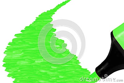 Bright electric fluorescent neon green felt tip pen marker painting large UFO background perspective, isolated vertical macro Stock Photo