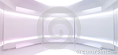 Bright Empty Reflective Sci Fi Futuristic Alien Spaceship Neon Led Glowing Virtual White Room Hall Stage Podium Cyber Background Stock Photo