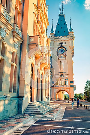 Bright evening view of Cultural Palace Iasi. Attractive summer cityscape of Iasi town, capital of Moldavia region, Romania, Europ Editorial Stock Photo