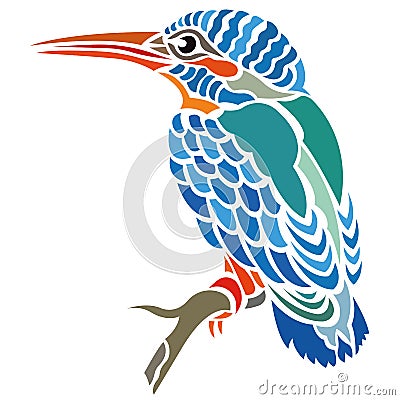 Bright exotic bird Kingfisher sitting on a branch, silhouette drawn by various lines in a flat style. Tattoo bird, logo, emblem Stock Photo