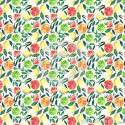 Bright exotic juicy summer citrus pattern orange lemon shades of green watercolor Stock Photo