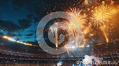 Bright and explosive fireworks lighting up the night sky above a crowded stadium Stock Photo