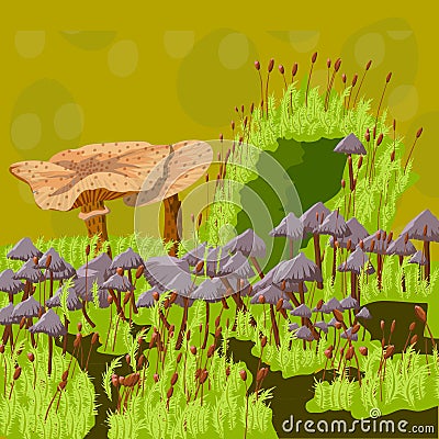 Bright fairytale forest, old stump overgrown with mushrooms and moss. Vector Illustration