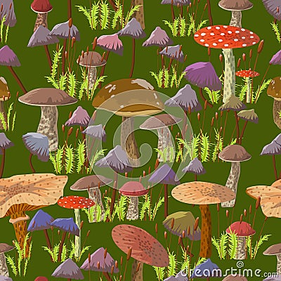 Bright fairytale forest, old stump overgrown with mushrooms and moss. Vector Illustration