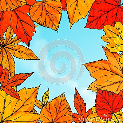 Bright fall frame with orange and red leaves Vector Illustration