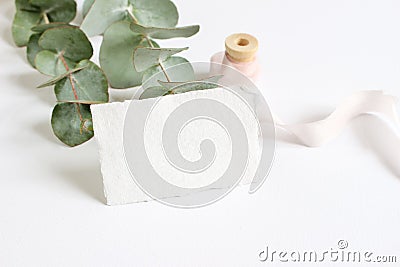 Bright feminine spring stationery mockup scene with a handmade paper greeting card, spool of silk ribbon and eucalyptus Stock Photo