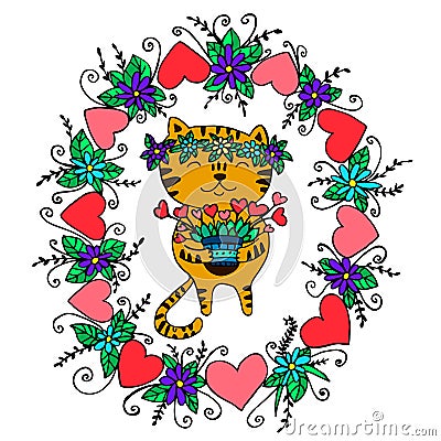 Bright festive funny cat for Valentine s Day. Vector Illustration