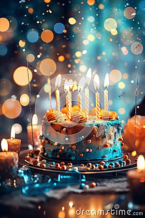 A bright festive homemade birthday cake with flickering candles Stock Photo