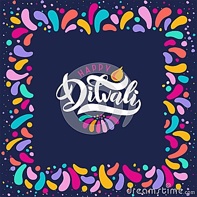 Bright festive text happy Diwali, diya lamp, candle flame in Decorative ornament square frame. Lettering Diwali Stock Photo