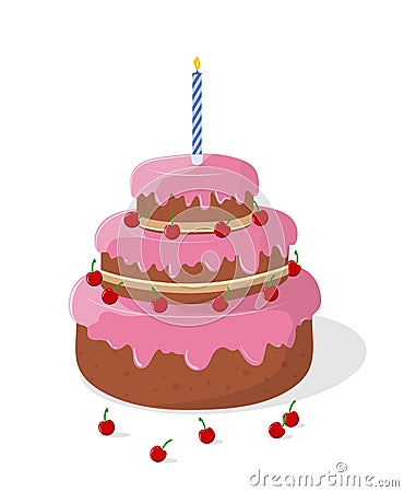 Bright festive three-tier cake with pink cream, one candle and a cherry in a cartoon style. Vector illustration Vector Illustration