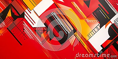 A bright, fiery red background with bold, sharp-edged geometric shapes and intricate patterns in Stock Photo