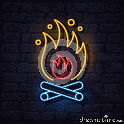 Bright fire neon icon on dark grunge brick background. Vector Cartoon Illustration